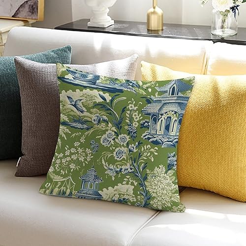 Miniatura 5 de Funda de almohada de jardín con diseño de pagoda, estilo chinoiserie, color verde, funda de cojín asiática, 18 x 18 pulgadas, decoración rústica del