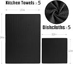 Serviettes de cuisine et nappes de waffle, 26 X 18 de pouce et de 12 X 12 En pouces, ensemble de 10 Serviettes de toilette en lin noir pour le séchage (Noir, Ensemble de serviettes de cuisine)
