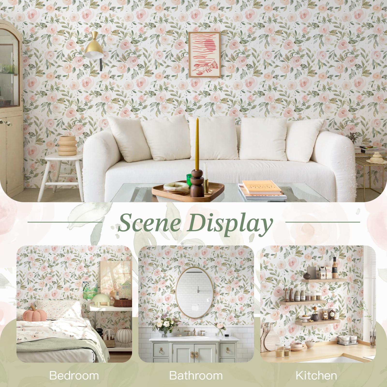 Rouleau de papier peint autocollant rose et vert - 44 x 1000 cm - En vinyle - Motif floral bohème - Amovible - Imperméable - Pour armoires, chambre à coucher, chambre d'enfant, salle à manger