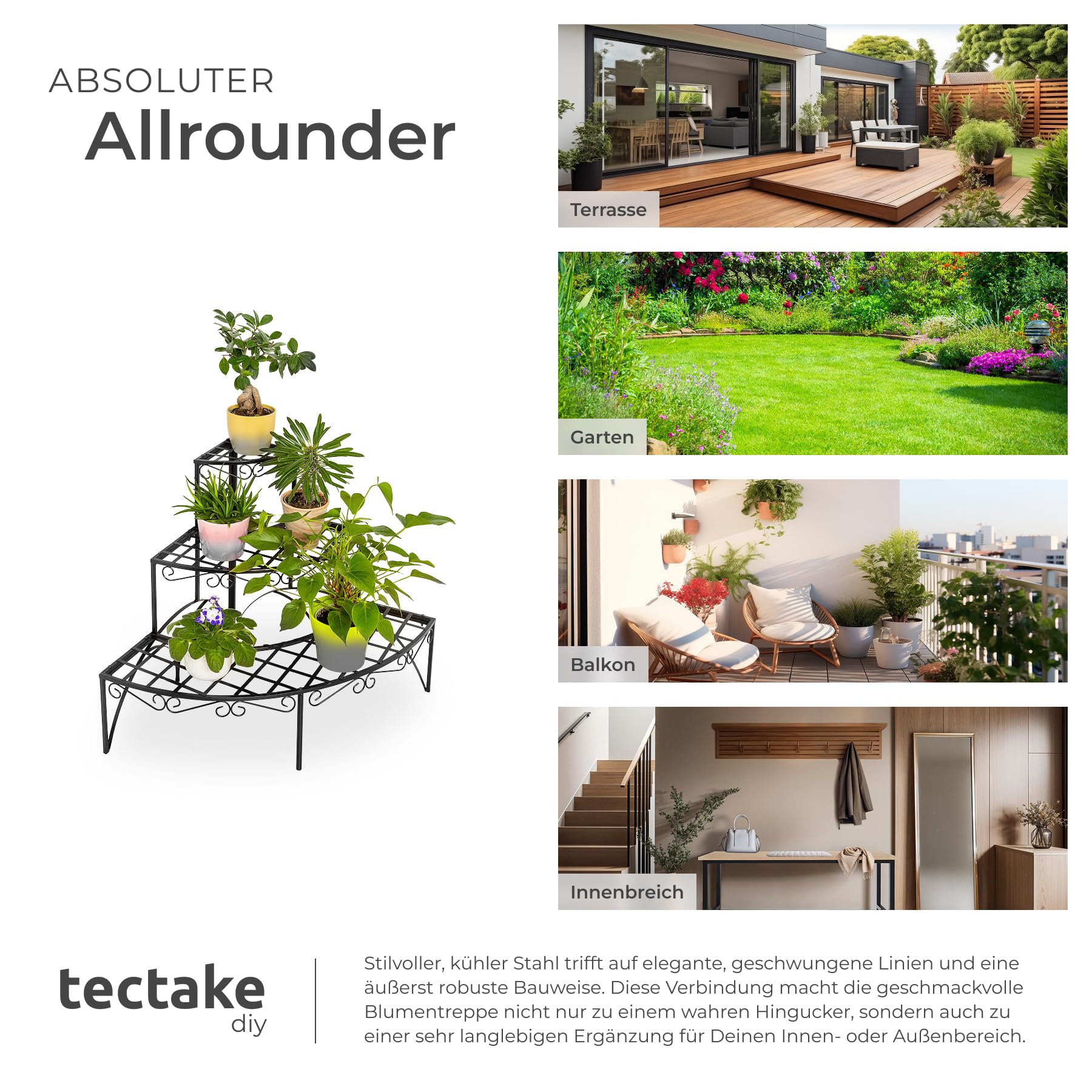 tectake® Pflanzentreppe, Blumenständer Metall, Blumenbank, Blumentreppe mit 3 Stufen, Pflanzenregal, Pflanzenregal outdoor, Blumenregal, Blumenhocker ca. 60x60x60cm (Stufen rund| Nummer 401712)