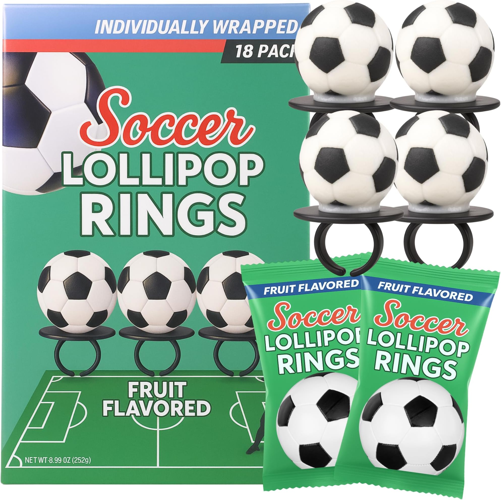 Lil' League Lil League Soccer Ball Lollipop Rings, Individually Wrapped Candy for Birthday Party Favors, End of Season Parties, 18 Suckers