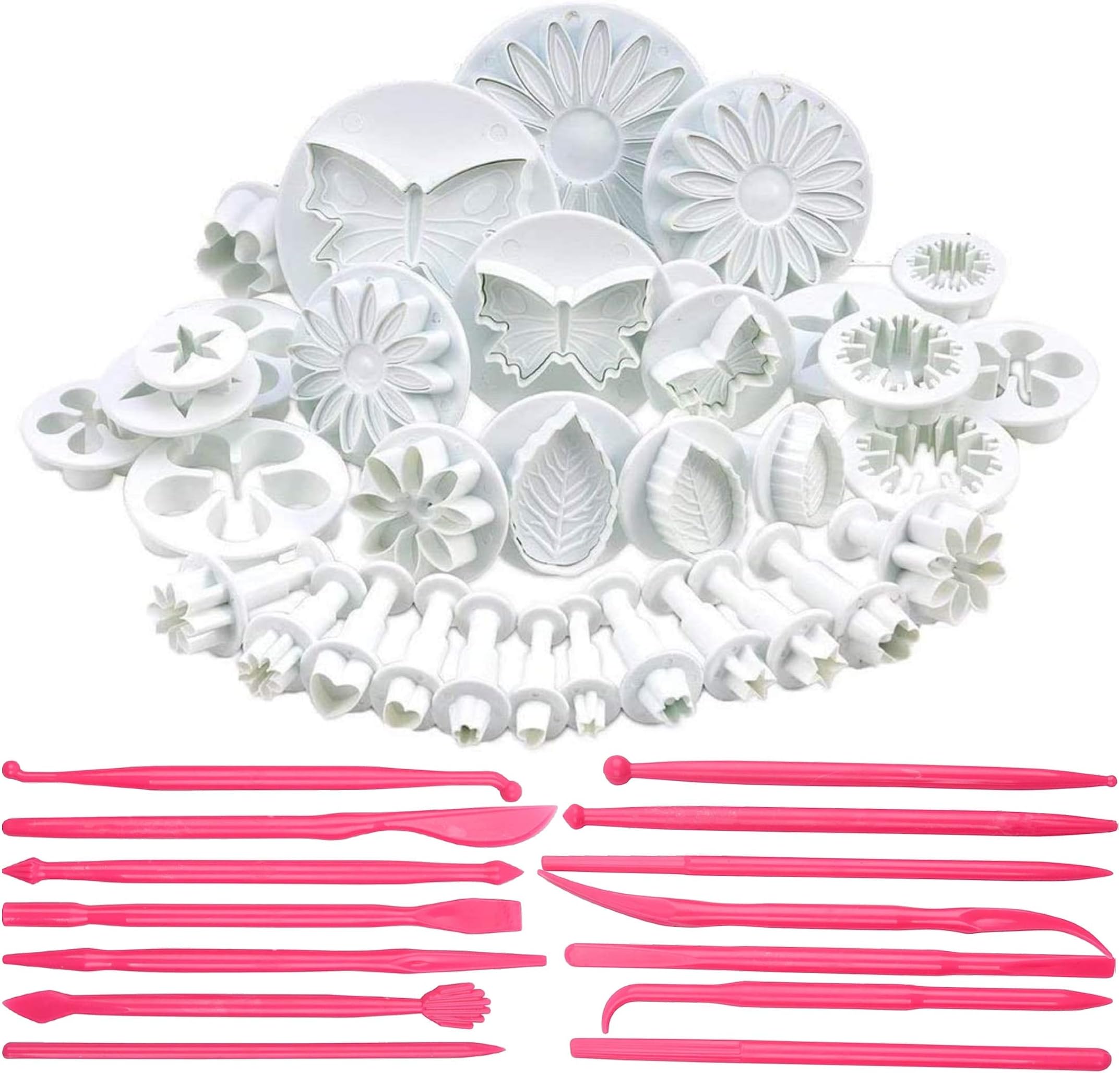 Bulfyss 47 Piece Fondant Cake Cookie Plunger Cutter Sugarcraft Flower Leaf Butterfly Heart Shape Decorating Mold DIY Tools