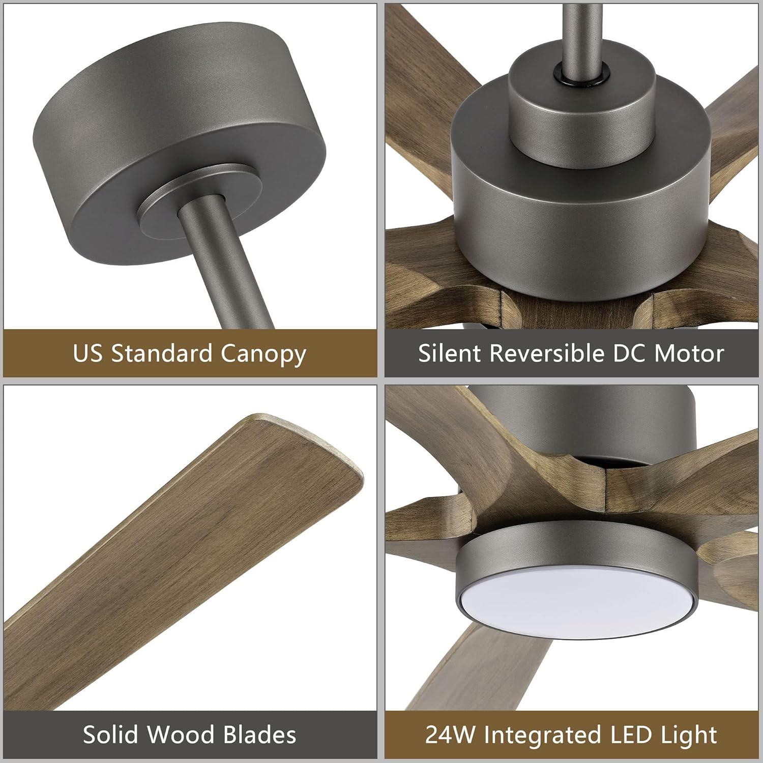 ELEHINSER 60" Modern Ceiling Fan with Light and Remote Control, 5 Solid Wood Blades 6-Speed Noiseless Reversible DC Motor, Ceiling Fan for Kitchen Dinning Living Room, Charcoal Finish with Wood Blades