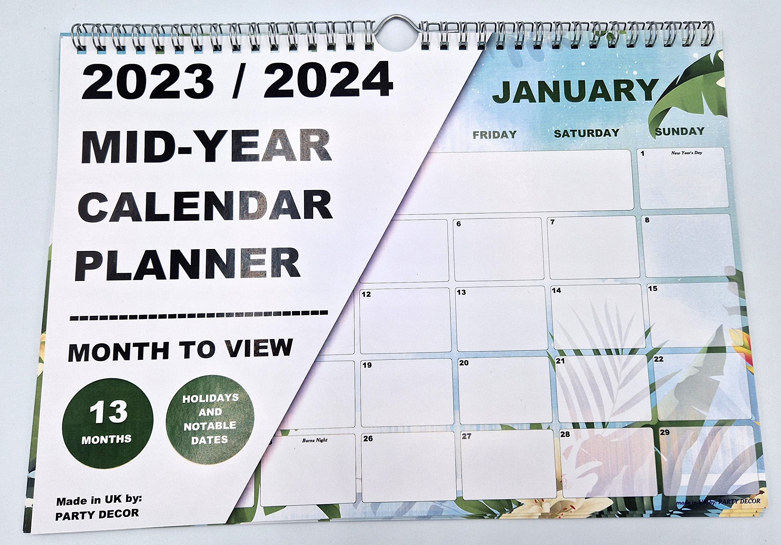 A4 Size Wire Bound Tropical Mid Year Calendar 2023-2024, Month to View, Great for the Home Office, Classroom or Work Place