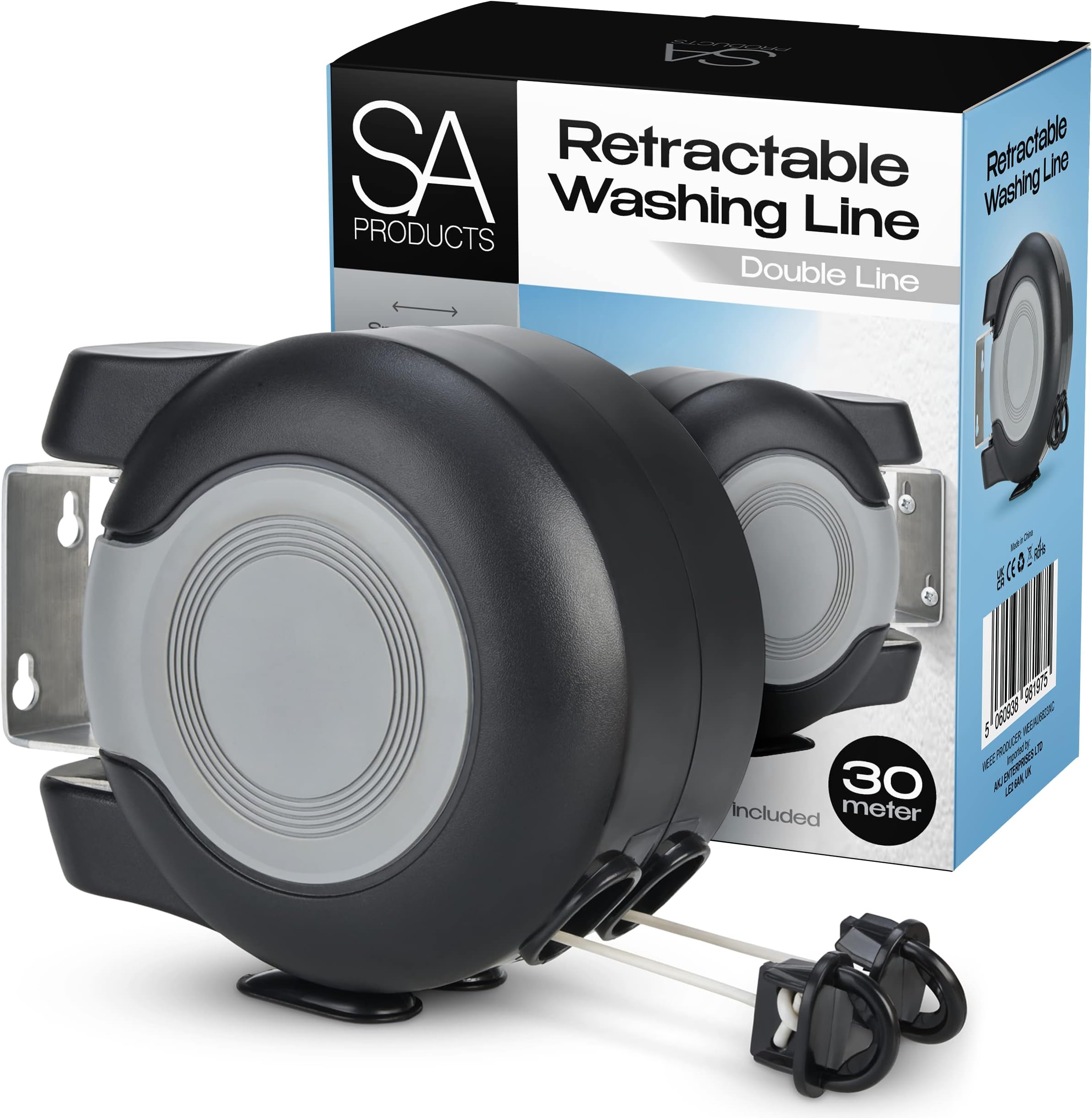 SA Products Wall Mounted Twin Cable Retractable Washing Line - 2x15m Long Clothes Line - 30m Extendable Laundry Drying String Line Heavy-Duty Plastic & Polyvinyl For Indoor & Outdoor Use - Black