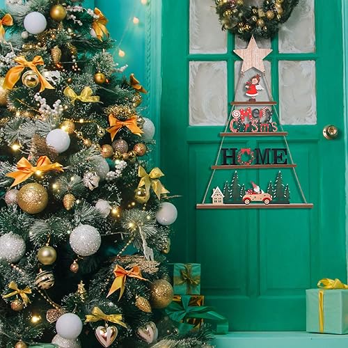 Miniatura 5 de Decoración de pared de Navidad, decoración de Navidad colgante de madera de IDATOO con 4 niveles, adorno de árbol de Navidad escalonado con letrero