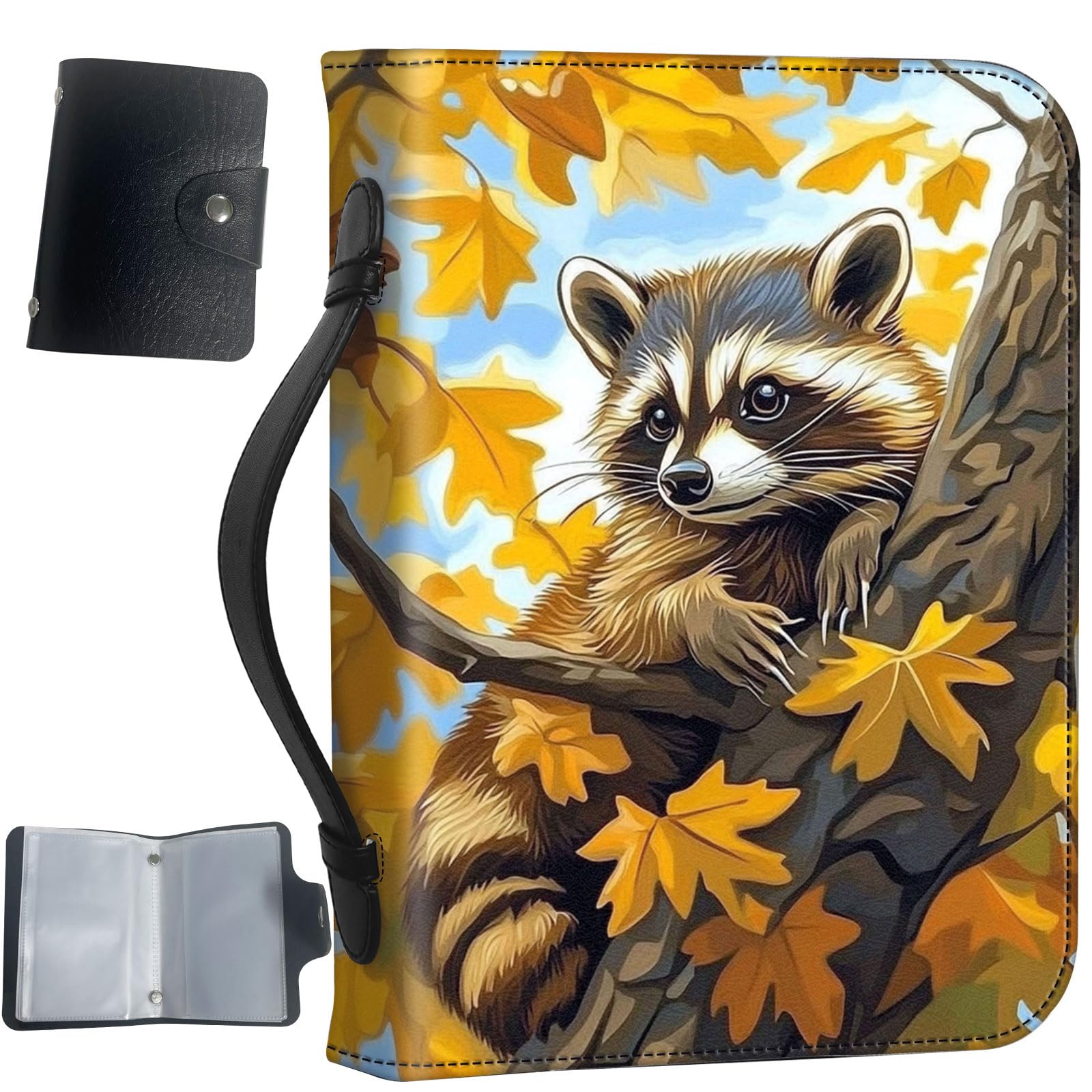 PU Leather Bible Cover with Handle & Pockets, Large Capacity Bible Case, Water-Resistant Scripture Organizer Bag with Bonus Card Holder, Christian Gift for Women & Men, Raccoon Perched