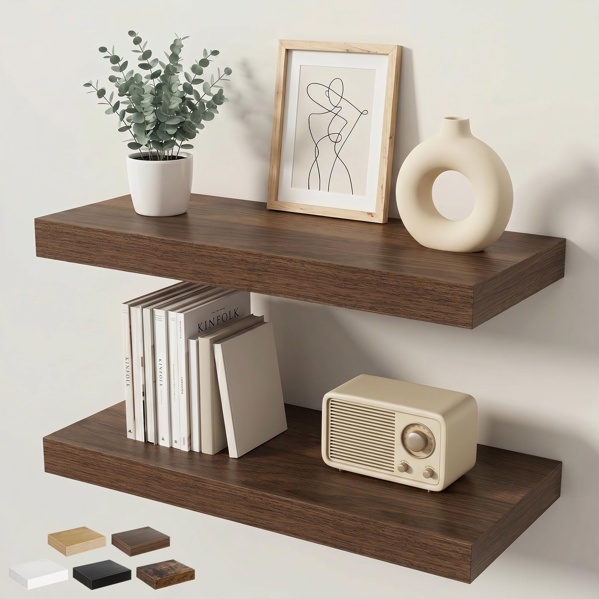 KovaScape 60cm Floating Shelves for Wall, 23.5cm Deep Wall Mounted Shelf with Invisible Brackets, Engineered Wood Rustic Shelf for Living Room Bathroom Bedroom Kitchen Storage, Walnut, Set of 2