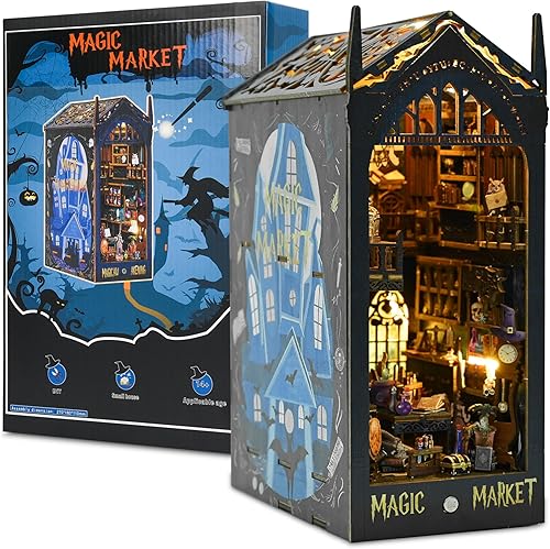 Miniatura 7 de Kit de rincón de libros para bricolaje, rompecabezas de madera 3D con decoración LED, sujetalibros de diorama de bricolaje, modelo, manualidades,