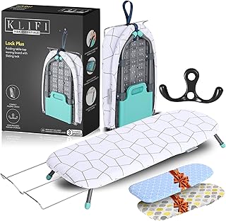 KLIFI™ Small Table Top Ironing Board Includes 3 Stylish Heat-Resistant Covers and Attached Iron Rest and hook Mini Iron Board Folds and Hangs for Storage and Travel, Folding Ironing Board One Size