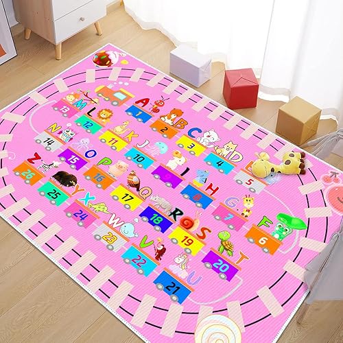 Miniatura 6 de Alfombra de juego ABC rosa para niños, alfombra del alfabeto para niña con números de tren de animales y formas de carretera, alfombra educativa