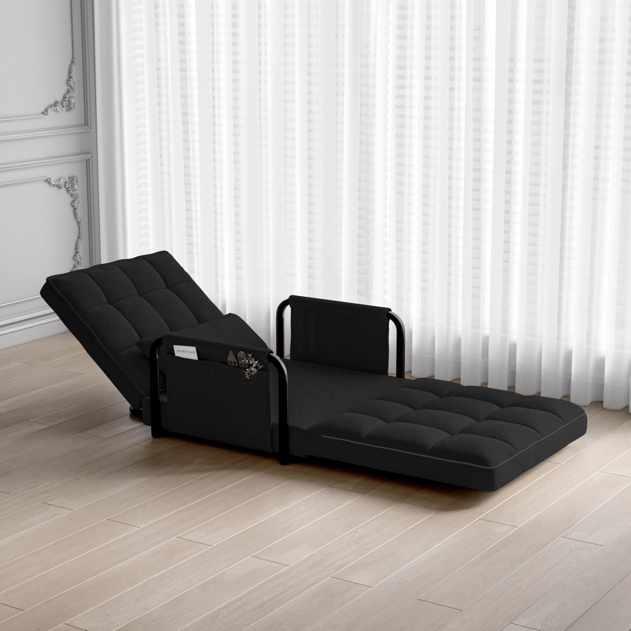 Sofá perezoso Tatami con 2 bolsillos laterales, sillón de suelo ajustable, silla de piso reclinable, ajustable 5 posiciones, asiento de suelo para casa y oficina, sentarse y acostarse (negro, A)