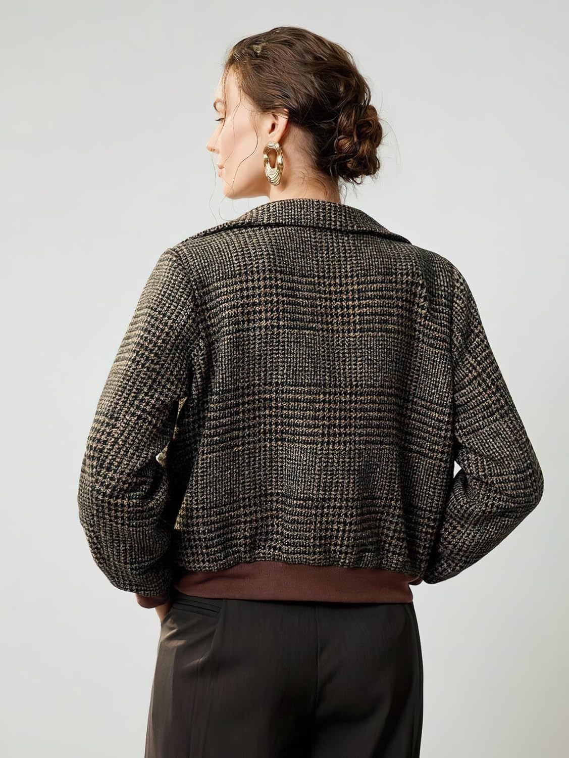 chouyatou Women's Fall Winter Plaid Wool Bomber Jacket Coat Stand Collar Boyfriend Cropped Outerwear - Image 5