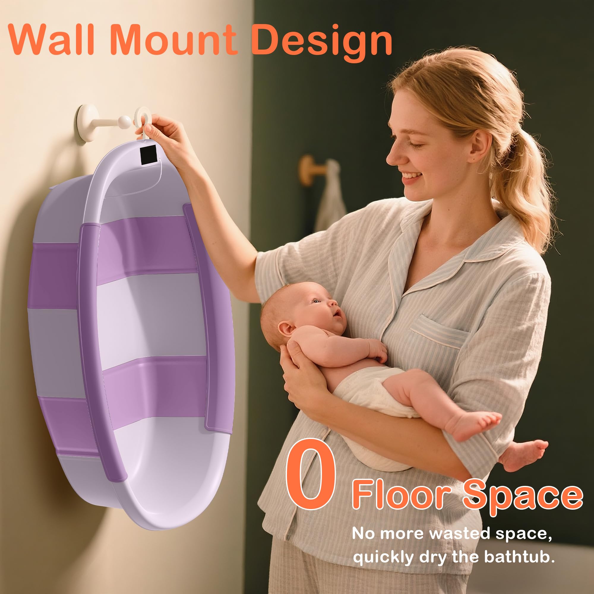 Bañera plegable para bebé, bañera grande con termómetro y cojín, bañera portátil de viaje para recién nacidos, bañera plegable para bebés de 0 a 36 meses (morado)