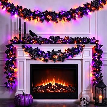 Timer - 6 Ft Halloween Garland with Lights and Black Roses Halloween Decor