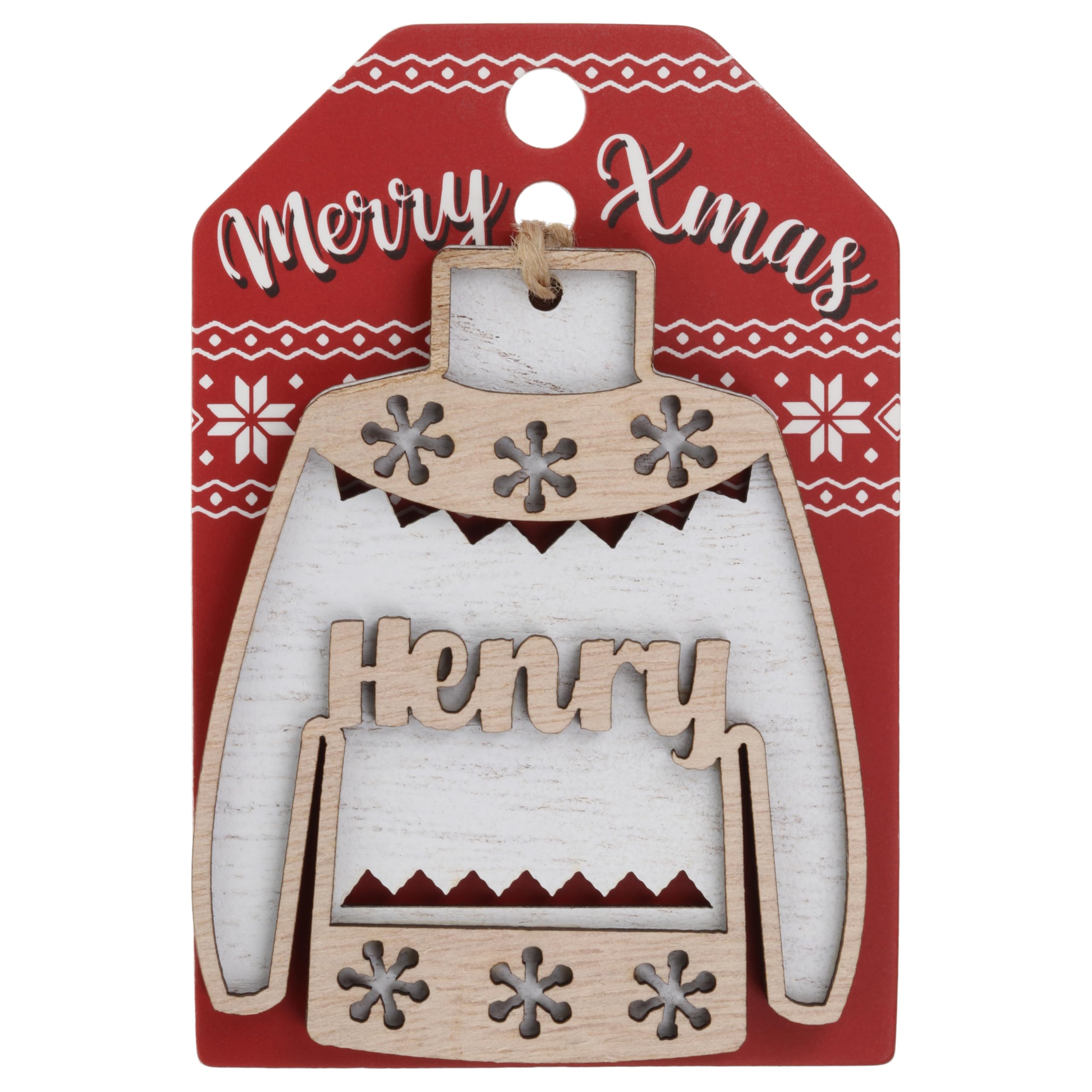Henry Name Christmas Jumper Wooden Tree Decoration Personalised Bauble Xmas White