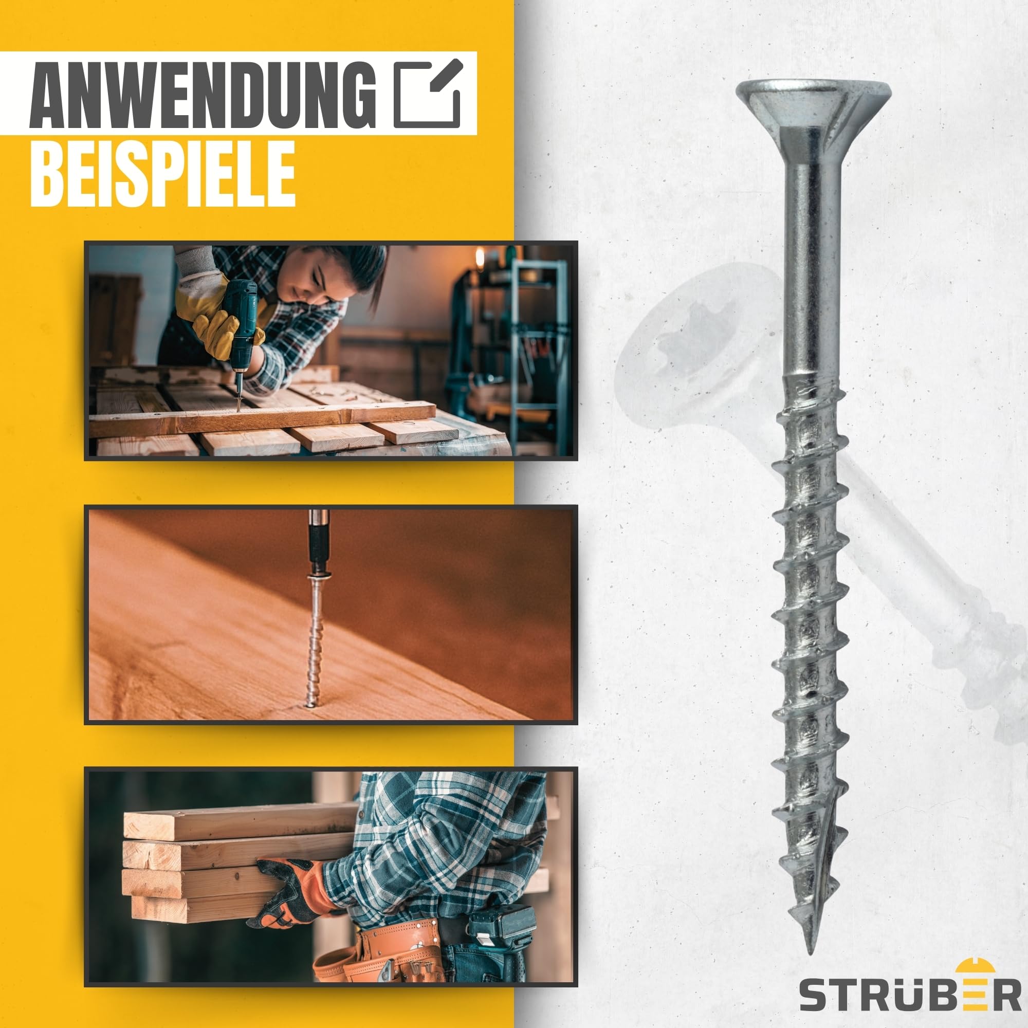 STRÜBER Universalschrauben mit Senkkopf und Torx-Antrieb (Ø4,0 x 50 mm / 200 Stk.) verzinkte Holzschraube - Spanplattenschrauben – Teilgewinde & Cutspitze - TX-Bit inkl - ETA