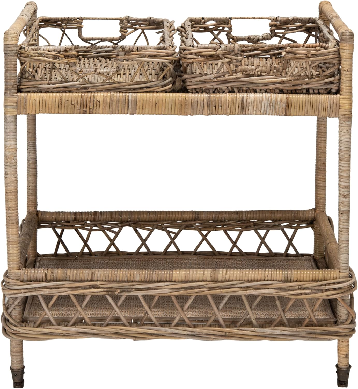Safavieh Home Collection Ambrose BCT6500A Grey Wash and Antique Brass 2 Tier Rattan Bar Cart