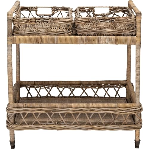 Safavieh Home Collection Ambrose BCT6500A Grey Wash and Antique Brass 2 Tier Rattan Bar Cart