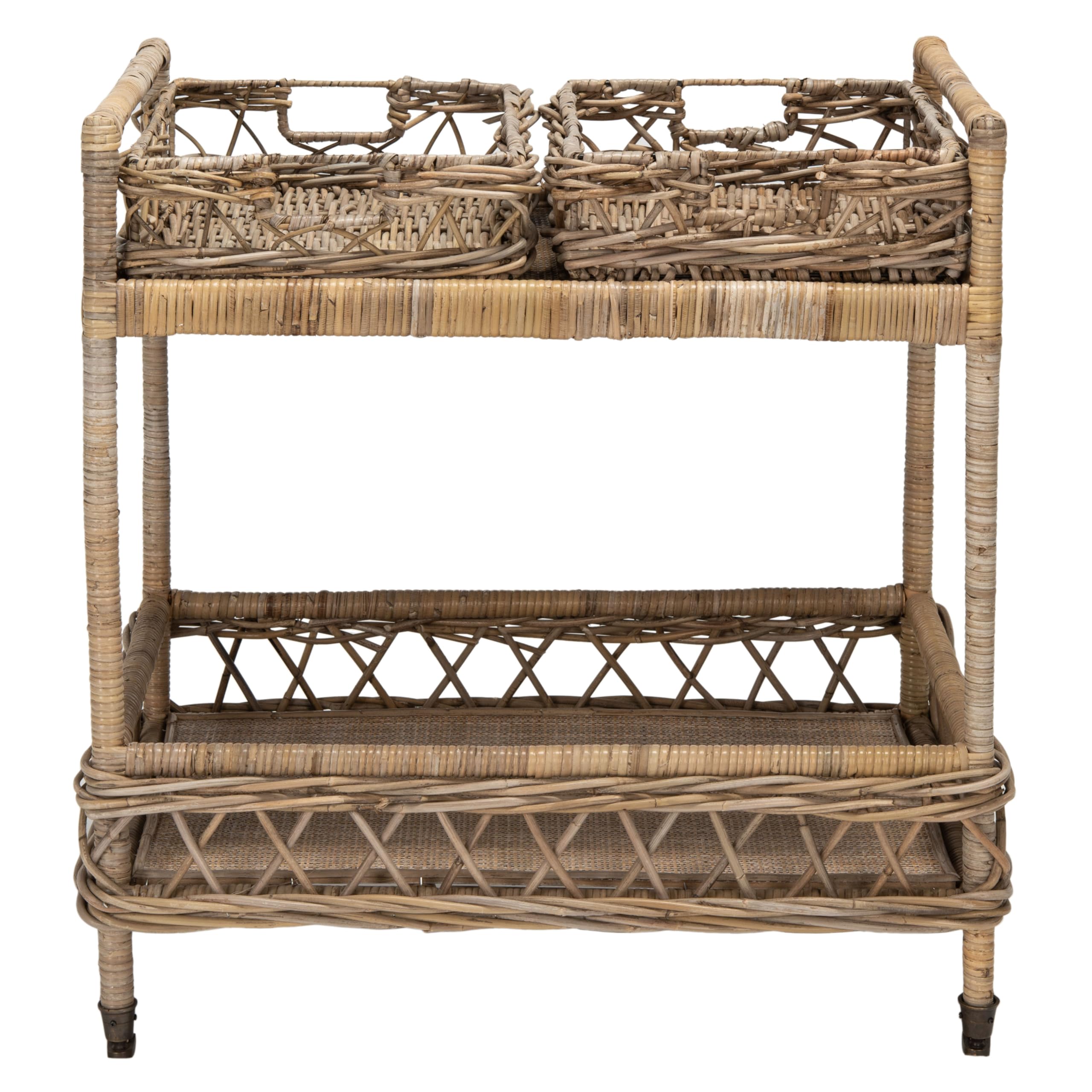 Safavieh Home Collection Ambrose BCT6500A Grey Wash and Antique Brass 2 Tier Rattan Bar Cart