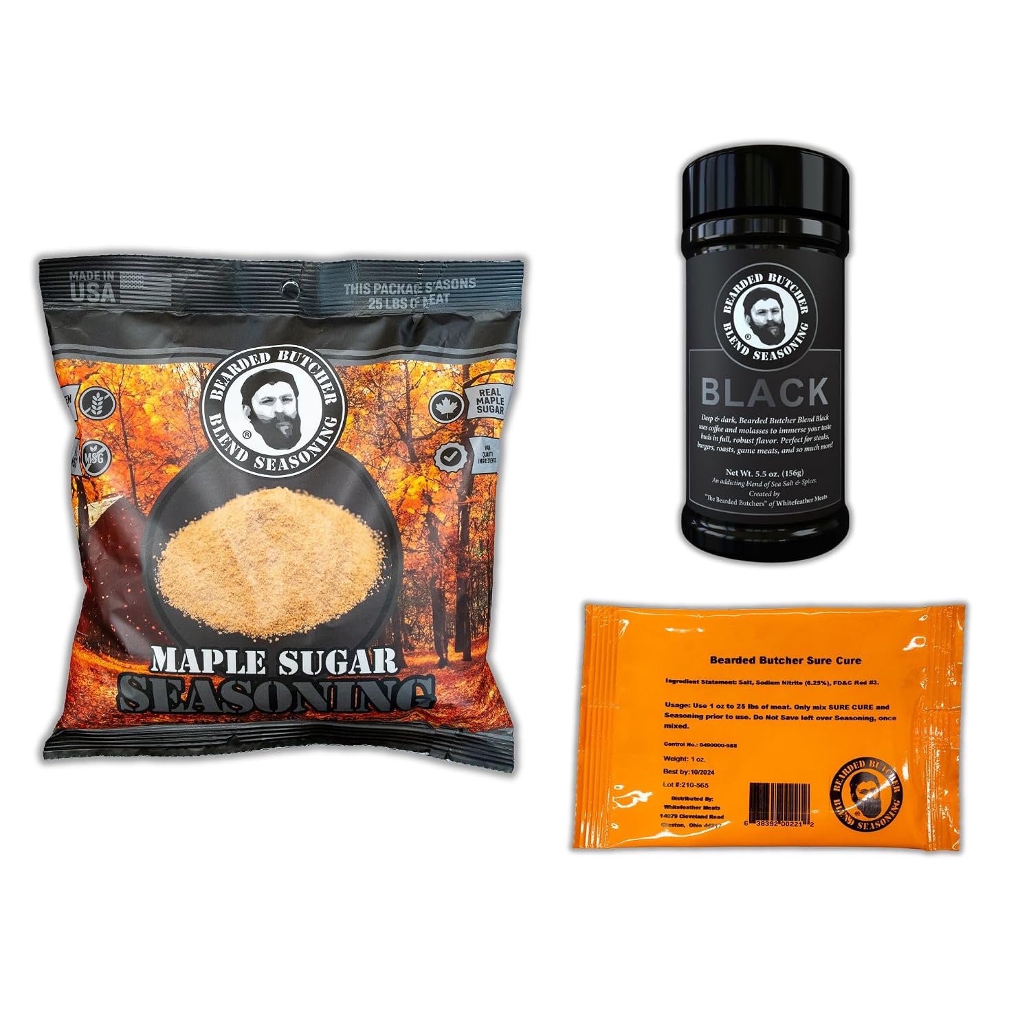 Bearded Butchers Maple Bacon DIY Kit with Black Shaker – Seasons Up to 25 lbs of Meat, Perfect for Homemade Maple Bacon with Any Meat – Includes Real Maple Sugar Seasoning, Sodium Nitrite Curing Salt, and Black Shaker