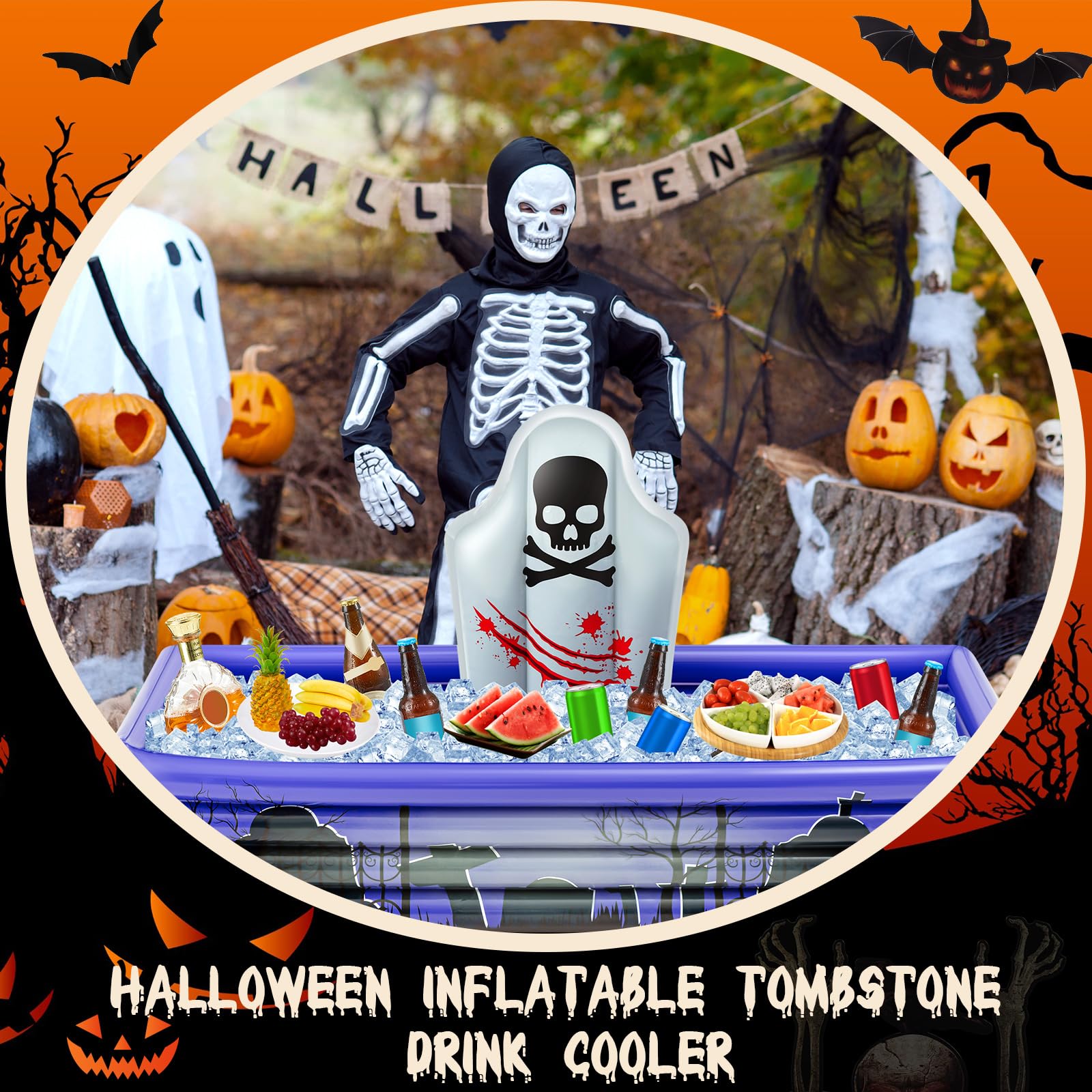 Aufblasbarer Halloween-Kühler Als Sarg-Skelett – Für Partys, 109 Cm, Hält Bis Zu 120 Dosen Kalt