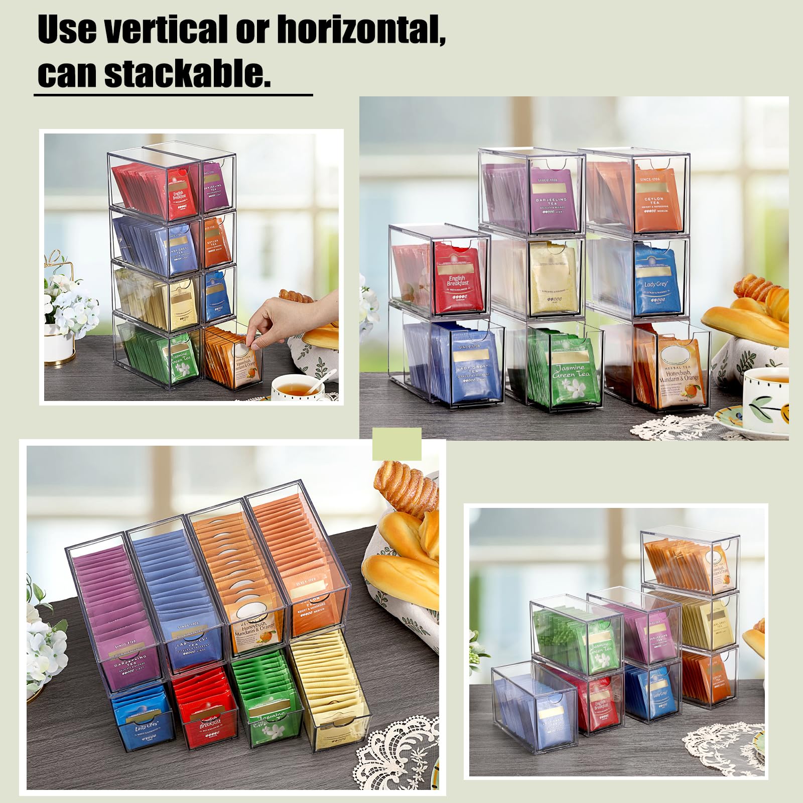 ELLDOO Organiseur de sachets de thé à 8 tiroirs, en acrylique transparent empilable, support de rangement pour sachets de thé de cuisine, garde-manger, rangement pour dosettes de café, collations pour