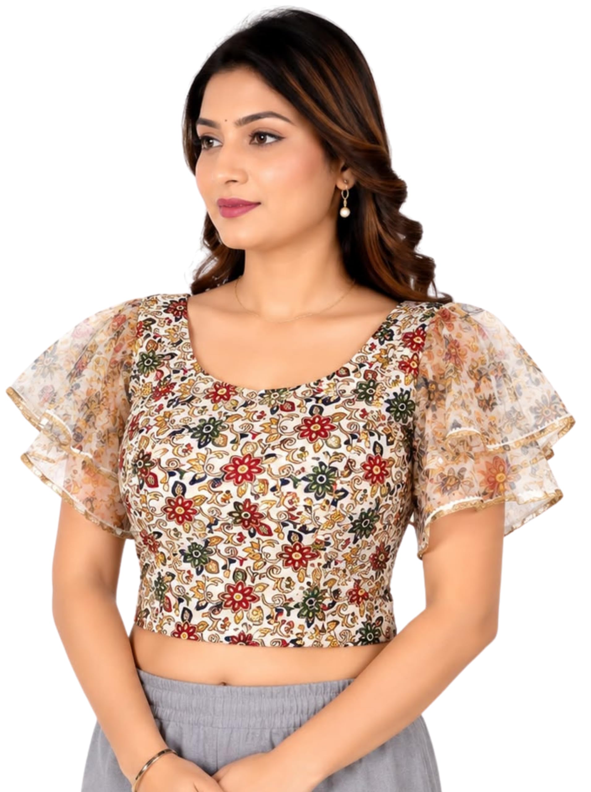 Women's Cotton Stretchable Floral Readymade Saree Blouse|Elbow Frill Ruffle Sleeve Round Neck Blouse for Women|Soft Cotton Fabric|Comfortable Fit|Stylish & Ethnic Wear-image-9