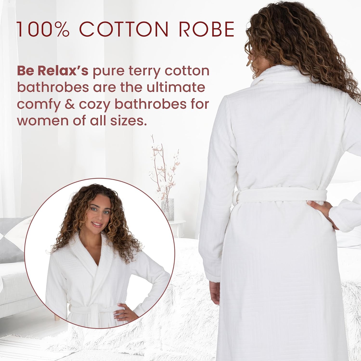 Be Relax Bathrobe for Women - Full Length Terry Cotton Robe with Shawl Collar and Hood, Warm and Cozy Robe with Belt & Pocket - Image 2
