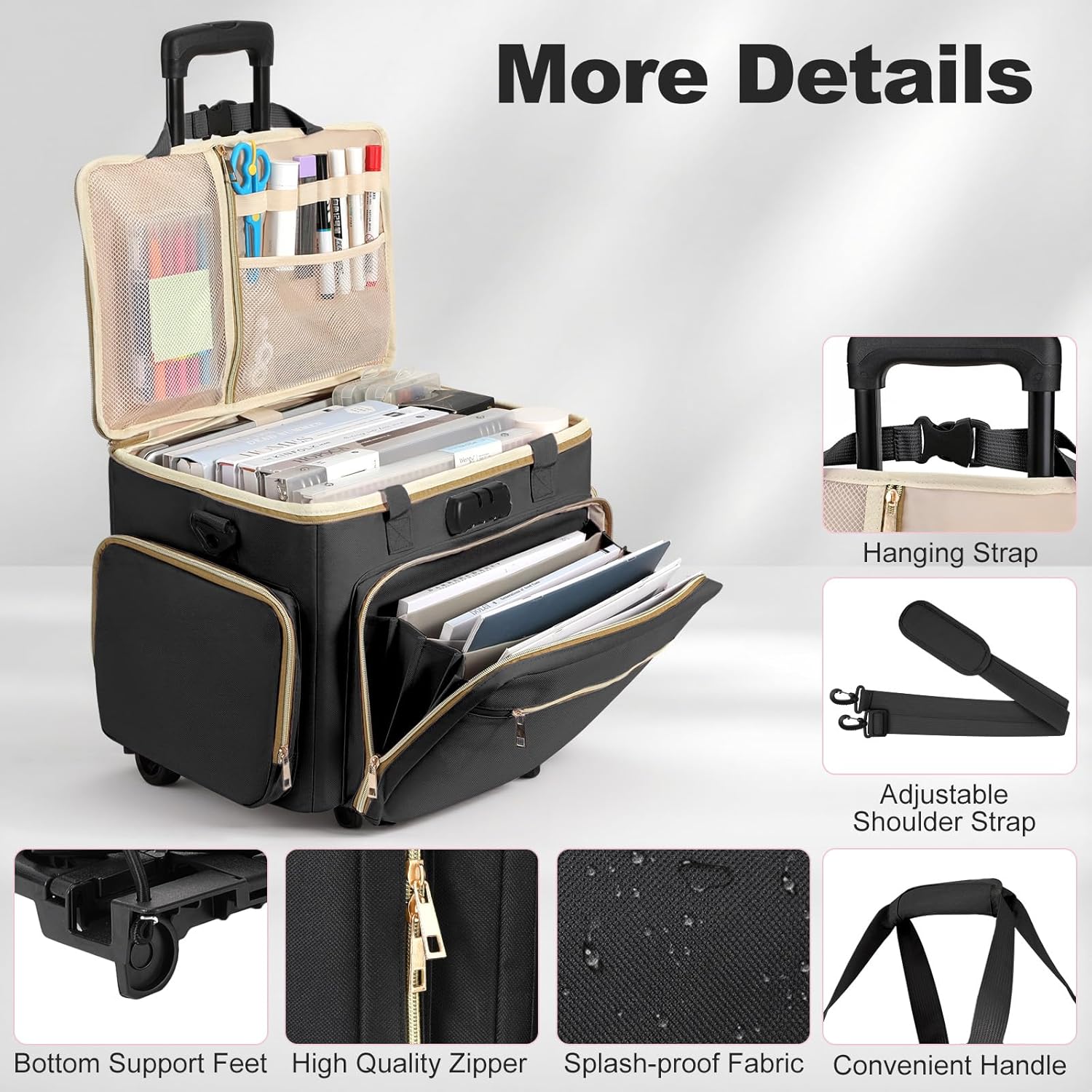 Housolution Rolling Teacher Bag with Wheels, Fits for 17" Laptop, Teacher Tote Bag with Detachable Trolley, Laptop Work Case with Anti Theft Lock, Briefcase Cart with Accordion File Organizer, Black - Image 7