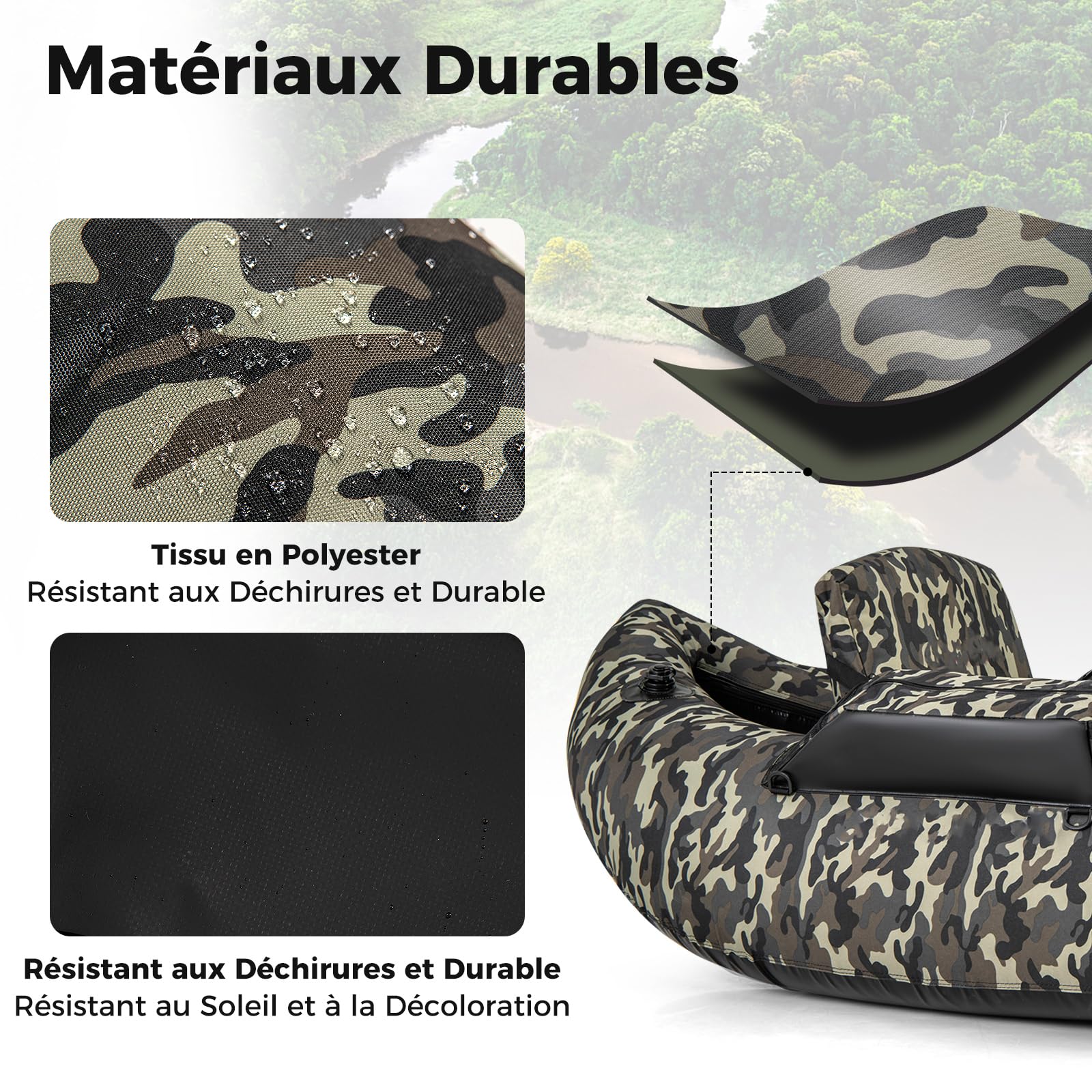 COSTWAY Bateau de Pêche Gonflable avec Dossier Pagaie, Bateau Gonflable avec Règle à Poisson Support de Canne Poches de Rangement Palmes Pompe Sangles de Sac à Dos Charge 150 KG, Camouflage