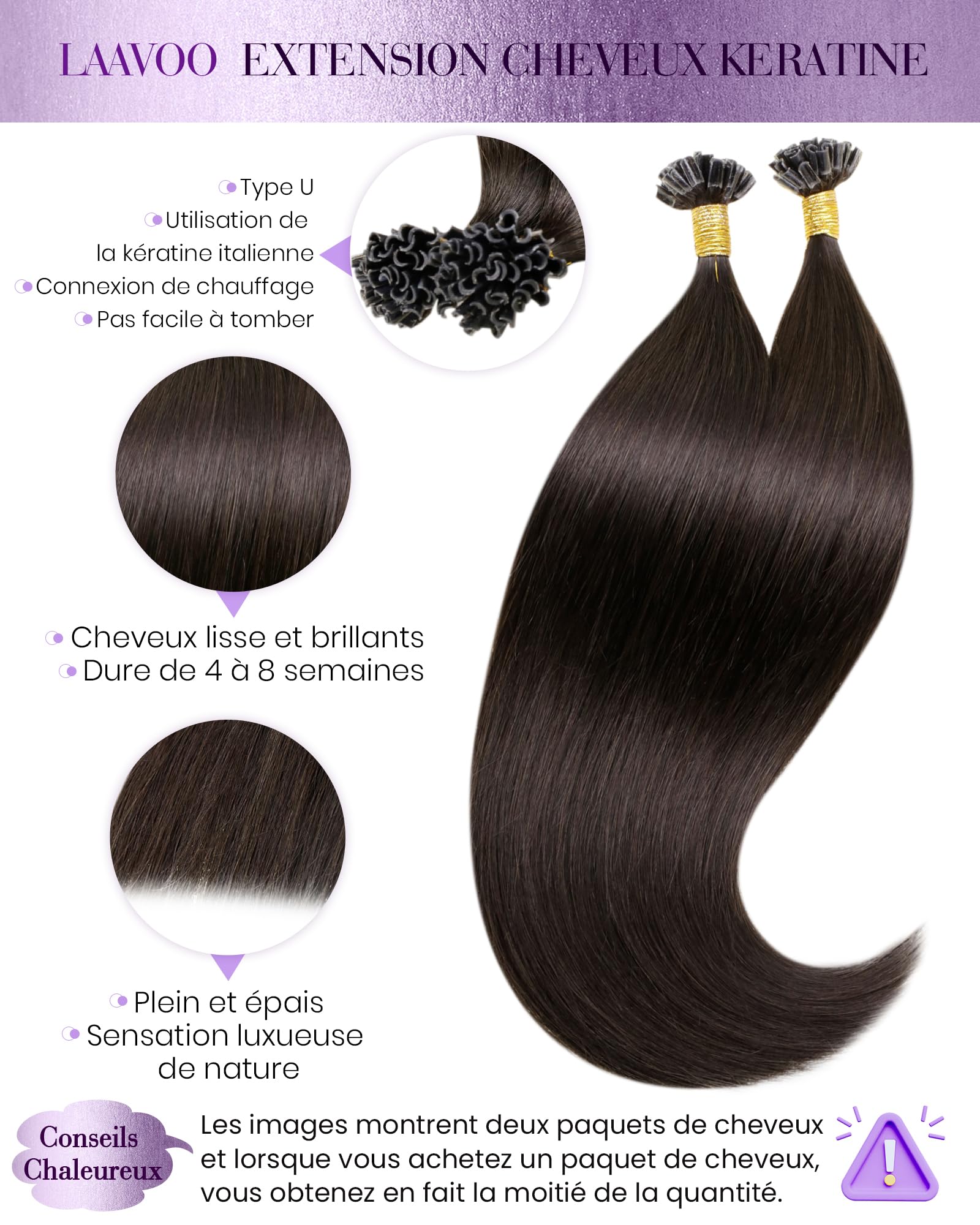 LaaVoo Extension Cheveux Naturel Keratine Marron Fonce 50cm 100g 100 Mèche
