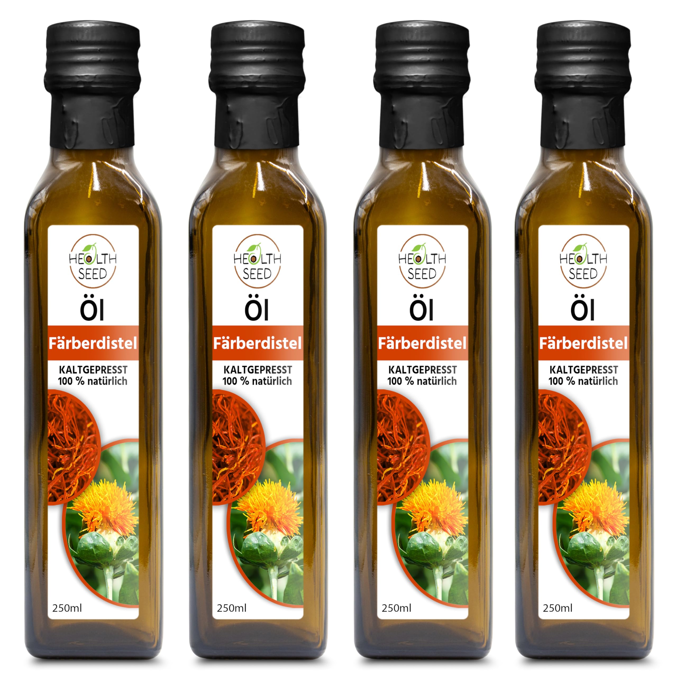 Health Seed® 4x250 / 1000 ml - Ungefiltert Distelöl - 100% Rein Kaltgepresst Glasflasche - Frisch vom Hersteller