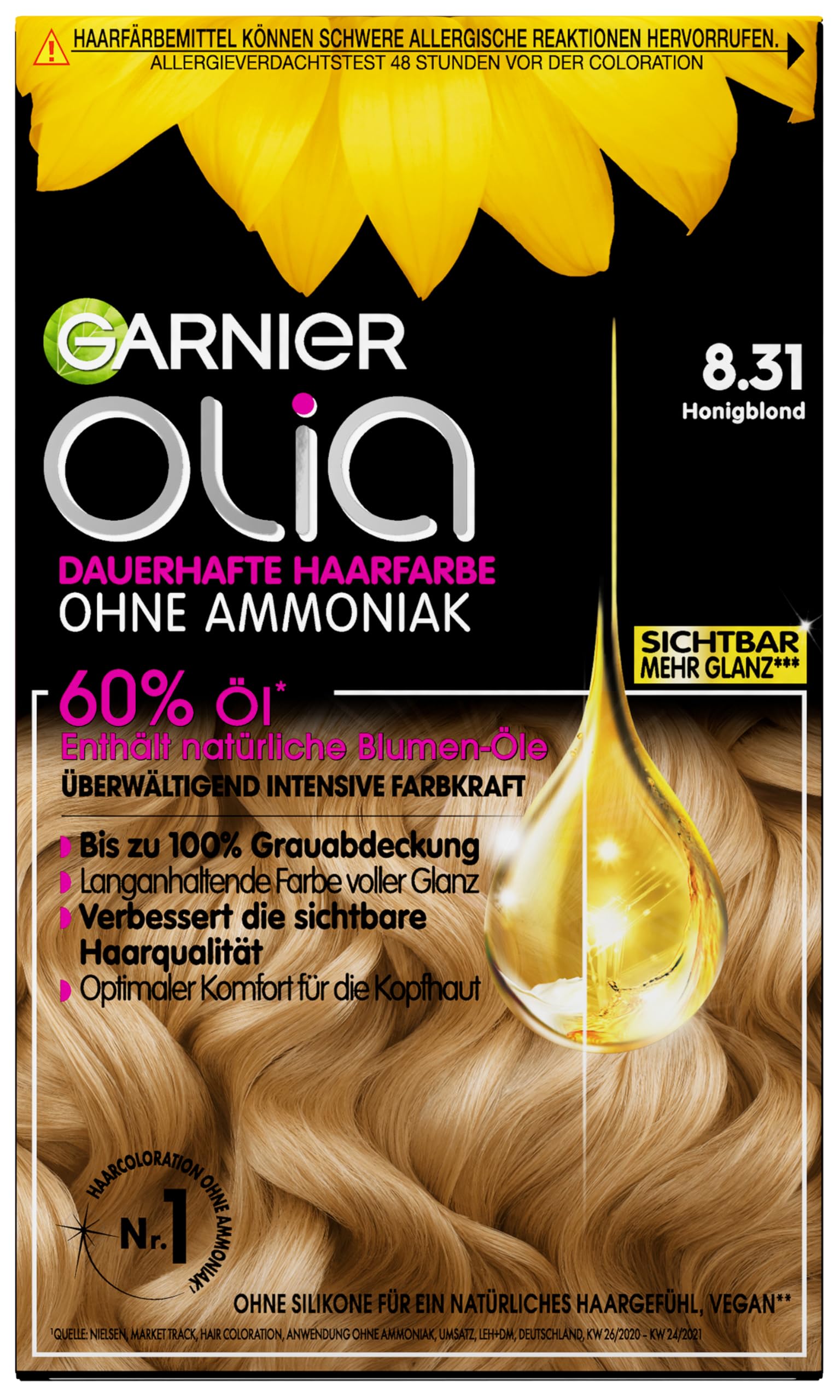 Garnier Olia Dauerhafte Haarfarbe 8.31 Honigblond, ohne Ammoniak, permanente Coloration, bis zu 100% Grauabdeckung, langanhaltende Farbe bis zu 8 Wochen, intensiver Glanz & Pflege, 1Stk.