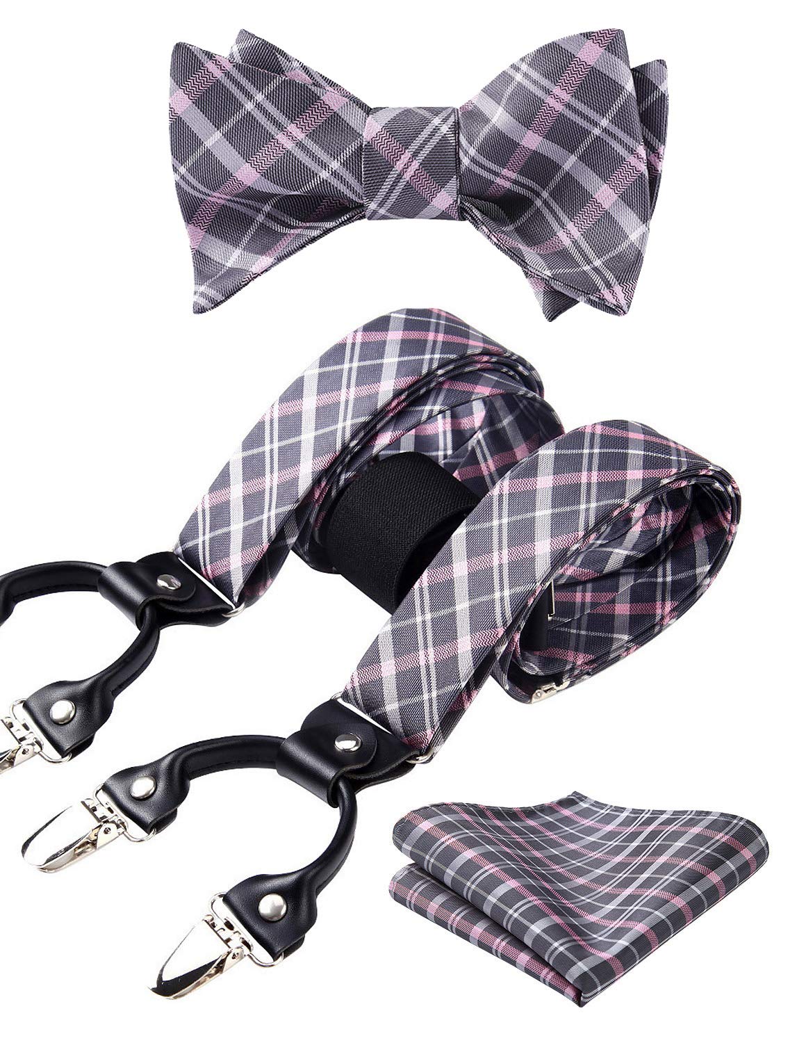 HISDERN Bow tie and Suspenders for Men Plaid Suspender Self Bowtie Pocket Square Adjustable Y Shape Mens Trouser Braces