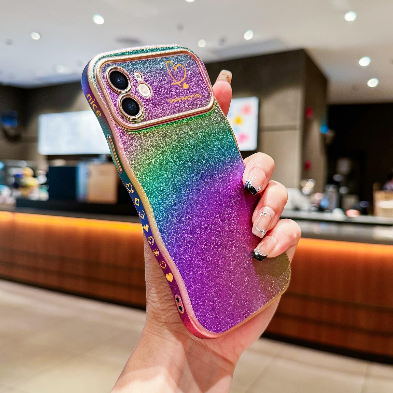 Custodia LCHULLE Per IPhone 14 Con Cuore E Motivo Ondulato - Verde Chiaro Galvanizzato, Protezione Fotocamera