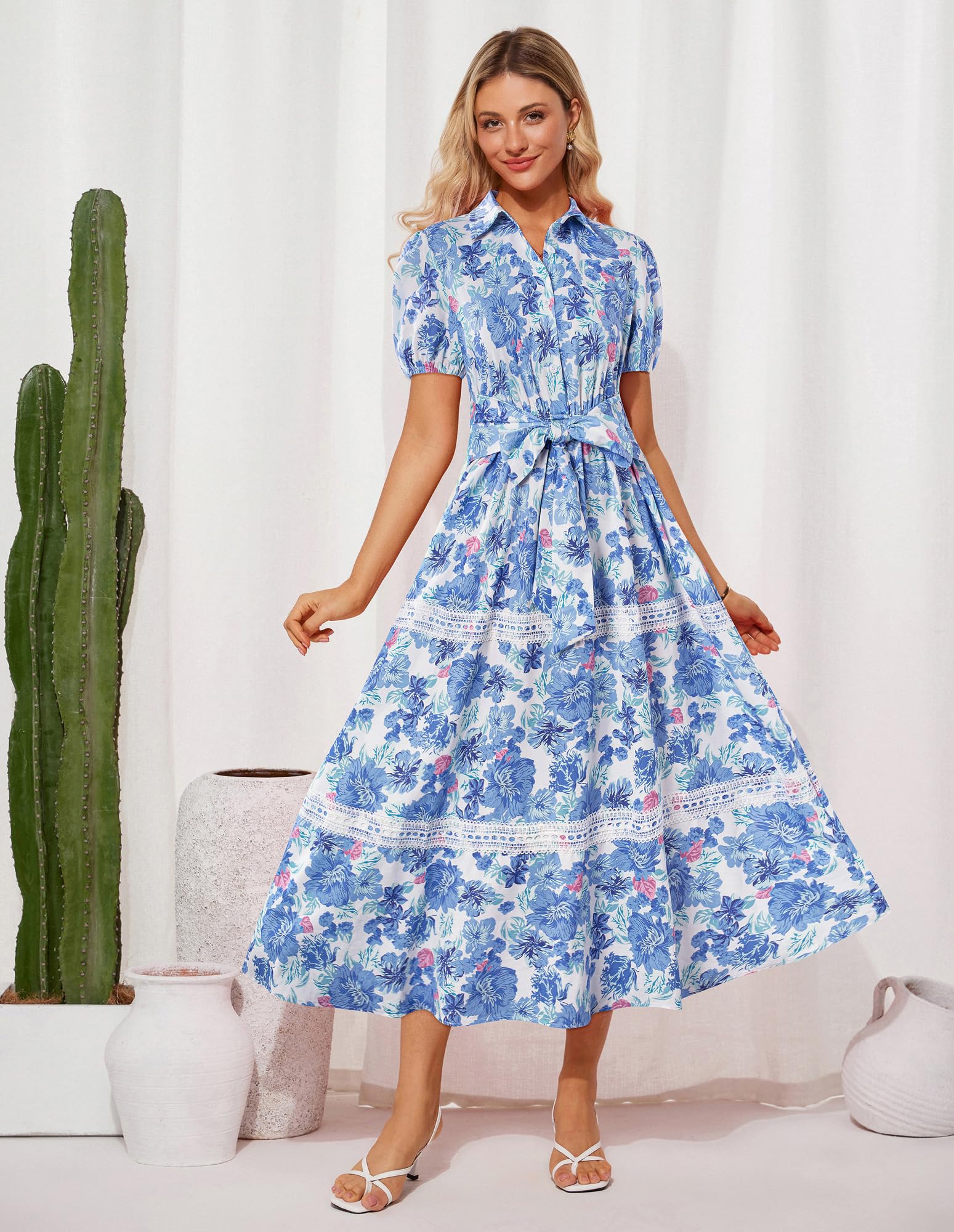 GRACE KARIN Women's 2026 Summer Floral Flowy Dresses Boho Tie Belt Short Puff Sleeve A Line Maxi Shirt Dress with Pocket