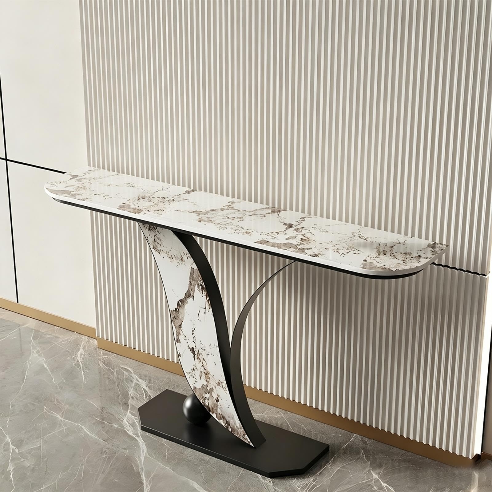 Console Meuble Entree Structure en Métal Léger et Luxueux Table D'entrée Consoles Arrondies avec Plateau en Pierre pour Couloir, Chambre, Salon(White,80 * 30 * 80cm)