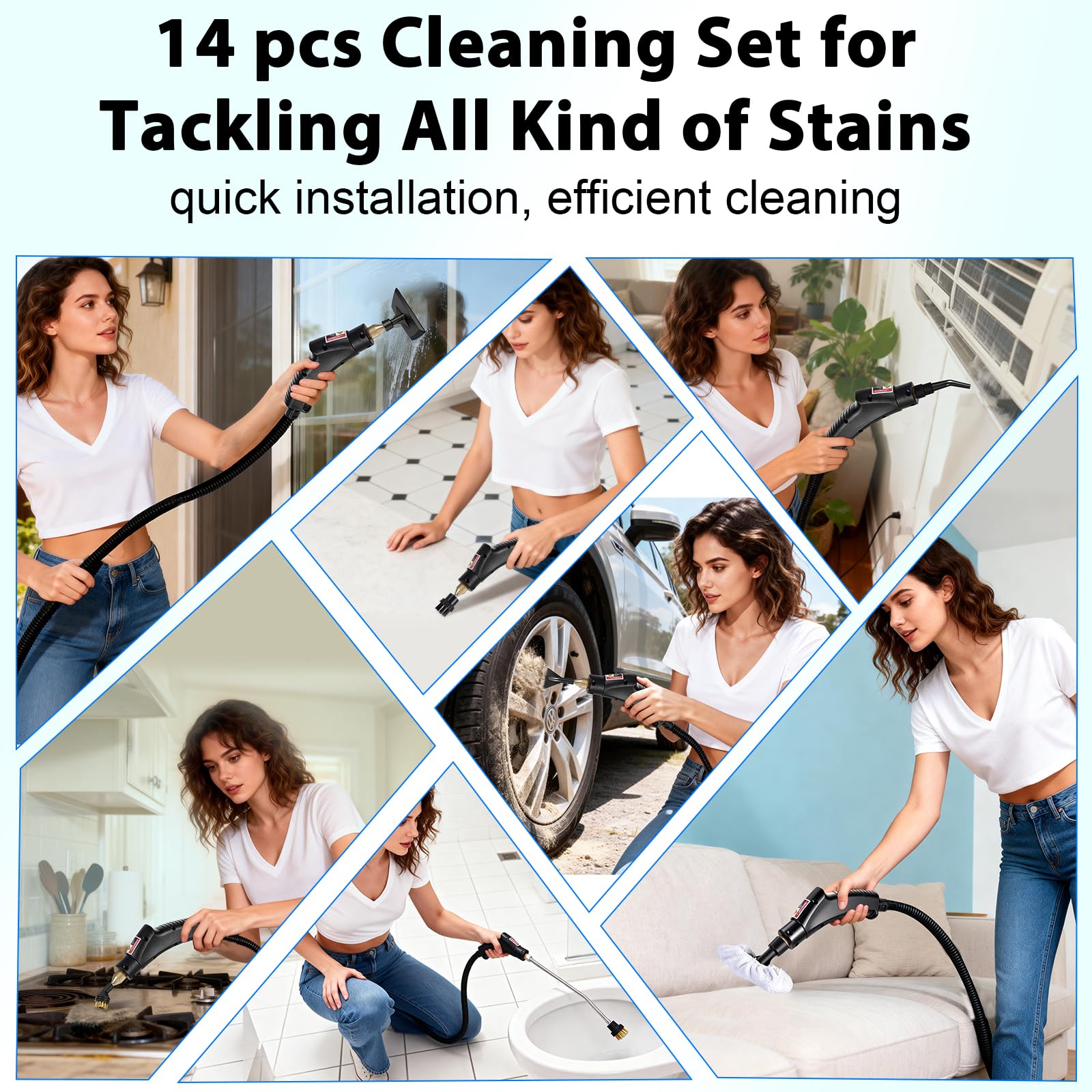 Dampfreiniger Handgerät mit 14 Zubehör, 1500W Mehrzweck Steam Cleaner, Dampfdruck 3Bar, Aufheizzeit 15s, 1400ML Tank Handdampfreiniger für Alles Boden Reinigung, Fenstern, Sofas, Fugen, Auto