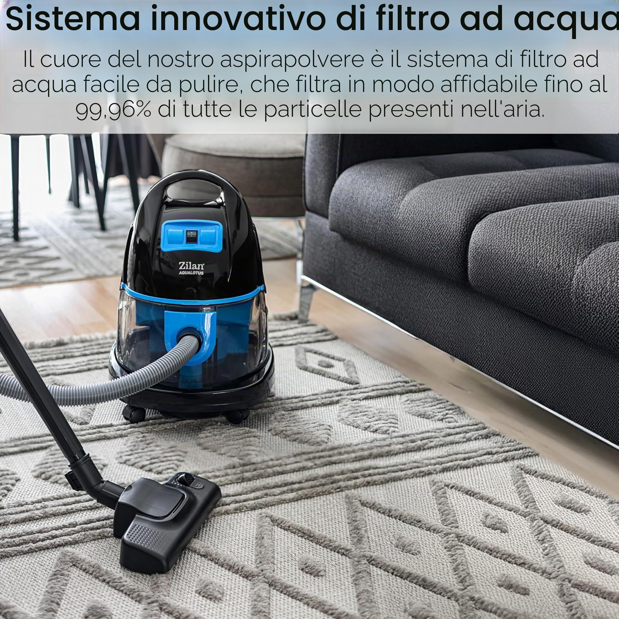 Zilan Aspirapolvere per acqua con filtro dell'acqua, senza sacchetto, EEK A H20, potenza di aspirazione 2.000 Watt, con tubo a 360°