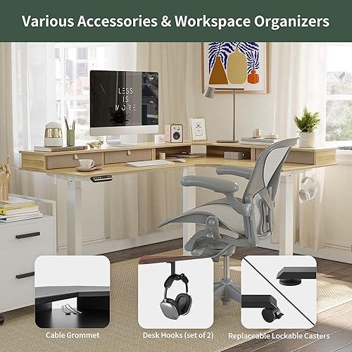 Miniatura 8 de FEZIBO - Escritorio de pie de 63 pulgadas con motor triple y en forma de L, 3 cajones, altura ajustable, esquinero, sistema eléctrico, con tablero