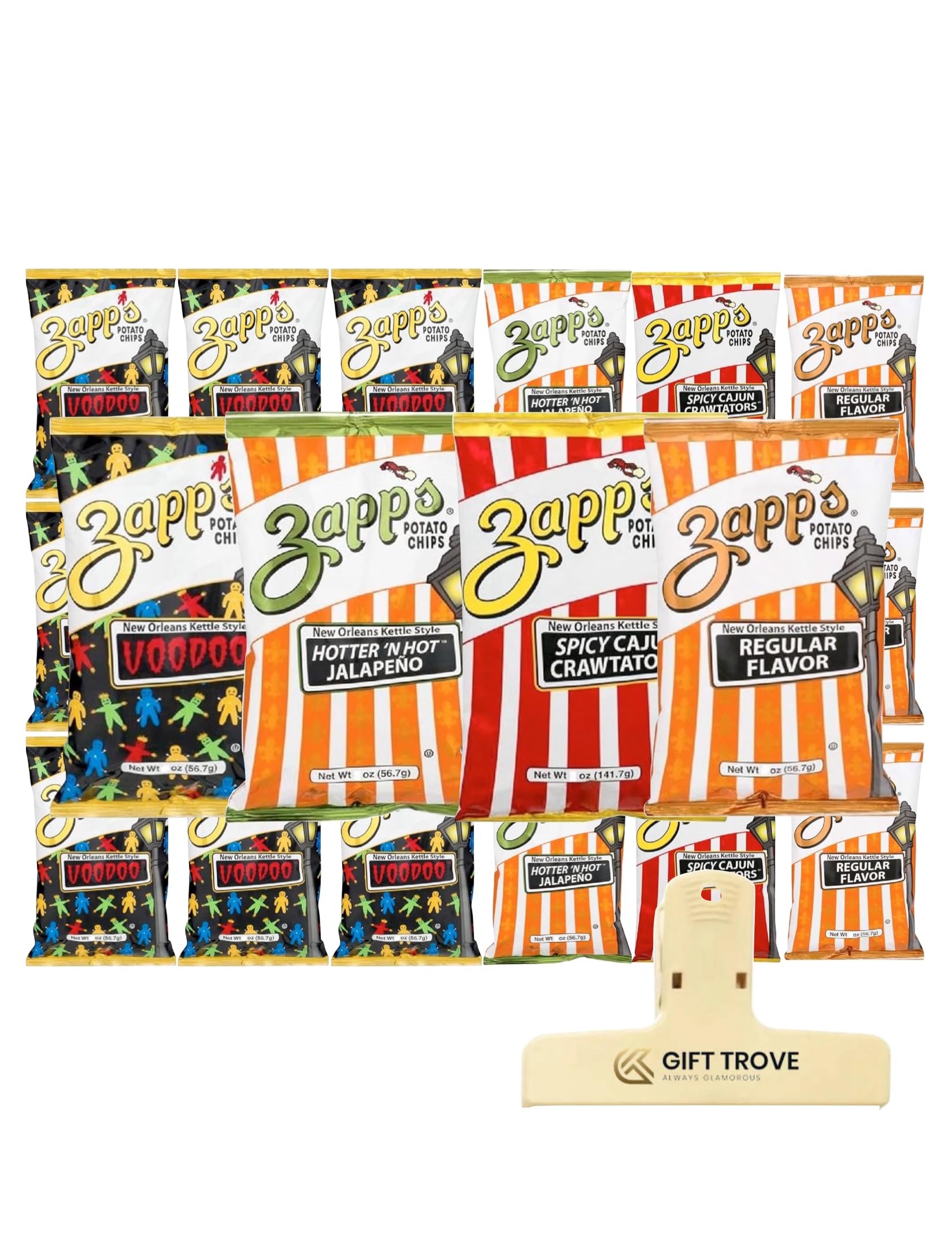 Zapp's Potato Chips Variety Pack | 4 Flavor Variety Pack | New Orleans Kettle Style | Flavors; Voodoo, Hotter 'N Hot Jalapeno, Spicy Cajun Crawtators, and Regular | Comes with a Gift Trove Branded Chips-Bag Clip (1oz Bags - Pack of 18)