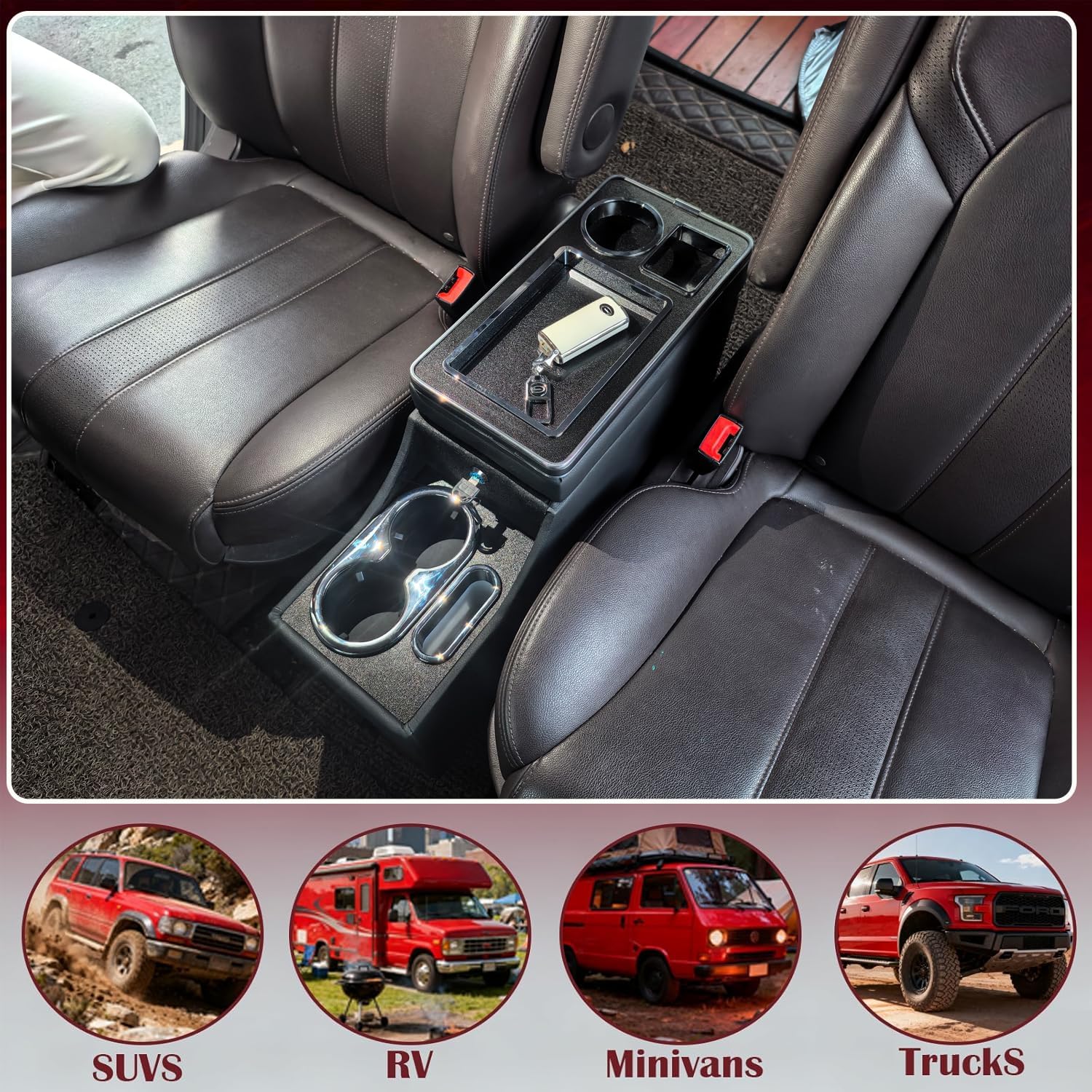 Truck Center Console Organizer Between Seat for Minivans, SUVs, Middle Van Bench Organizer for Floor Between The Back Seat Console 18 Wheelers Locking Design with Sliding Lid Design