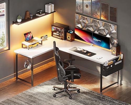 Miniatura 9 de ODK Escritorio en forma de L, escritorio esquinero para computadora de 59 pulgadas, escritorio de juegos, escritorio de oficina en casa con soporte