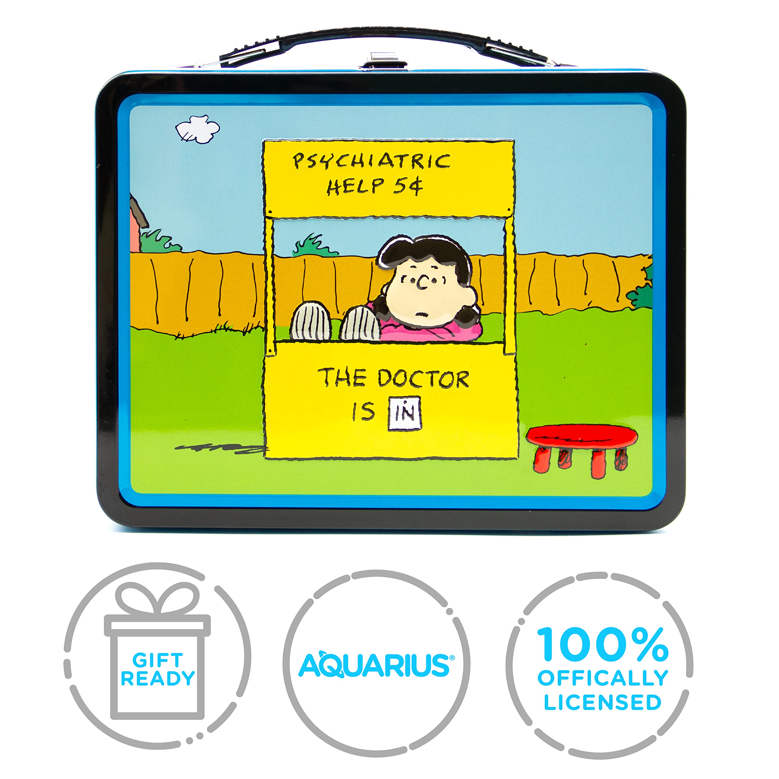 AQUARIUS Lucy Psychiatrist Fun Box Robusta scatola di latta con manico in plastica e copertina frontale in rilievo, con licenza ufficiale arachidi e regali da collezione per bambini, ragazzi e