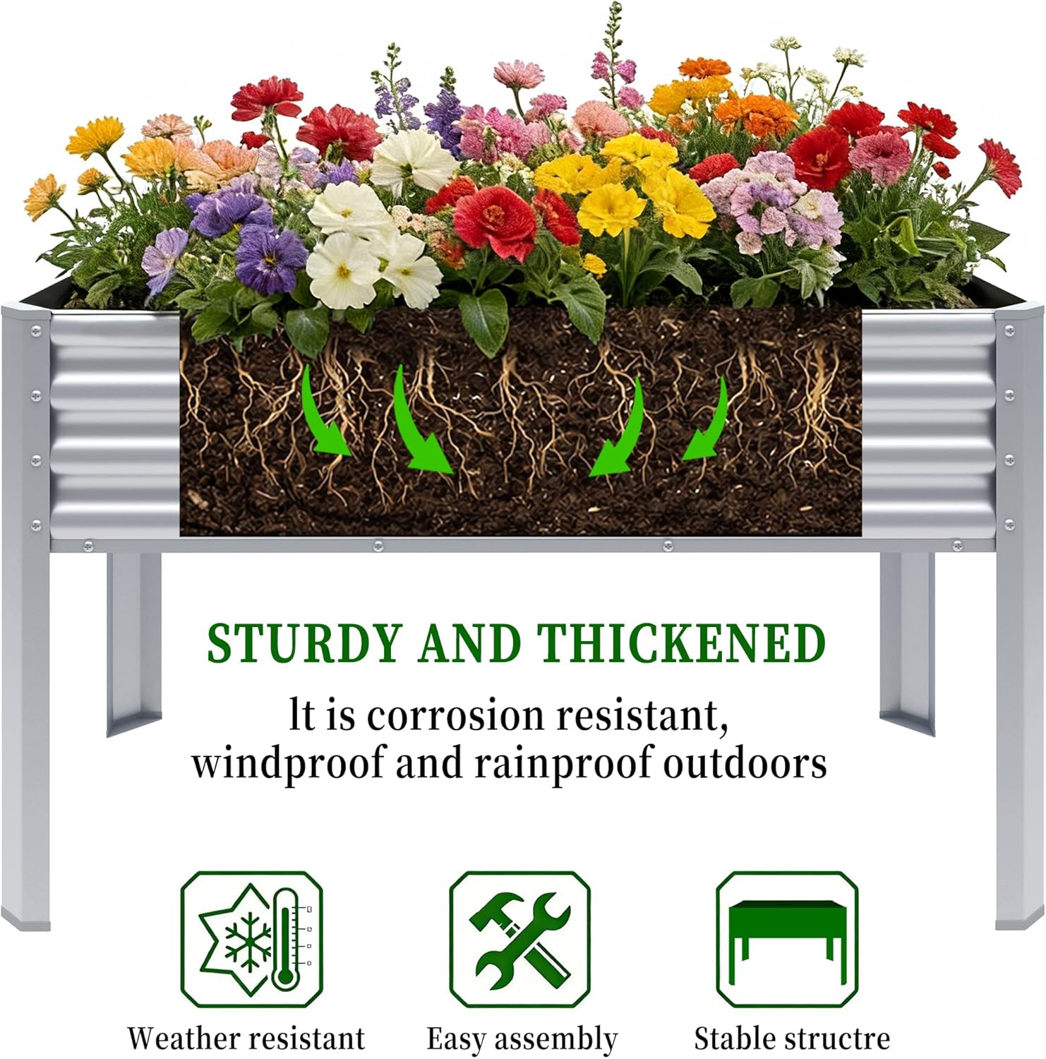 Galvanized Raised Garden Bed with Legs, 48×24×32in Large Metal Elevated Raised Planter Box with Drainage Holes for Backyard, Patio, Balcony, 400lb Capacity,Sliver