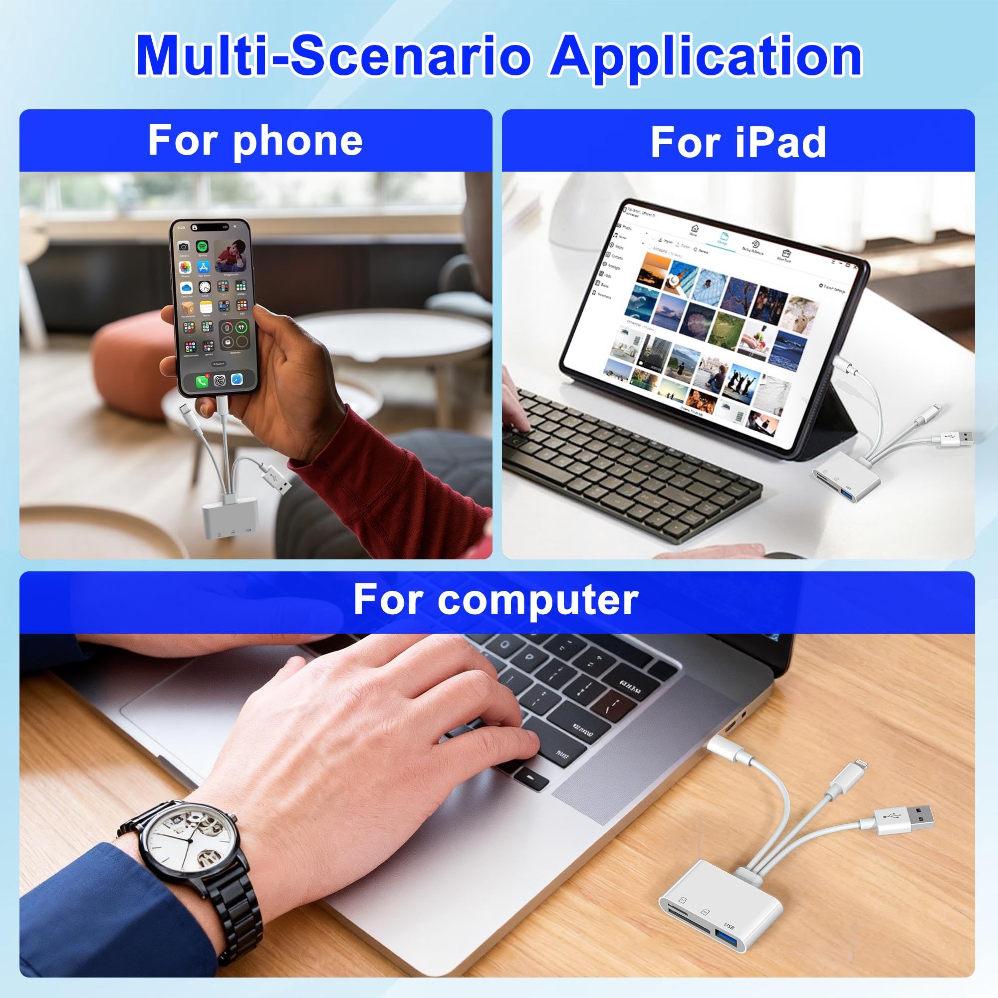Lettore di schede SD 3 in 1 per iPhone, adattatore USB per fotocamera con Lightning/USB-C/USB-A, lettore di schede di memoria, adattatore per schede SD/Micro SD per iPhone, iPad, Android, Mac, PC