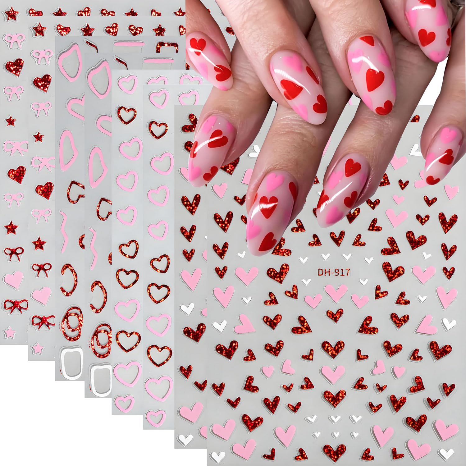 Photo 1 of 8 Sheets Valentines Day Nail Stickers, Red Pink Heart Nails Stickers for Women Valentine Gift Nail Decoration