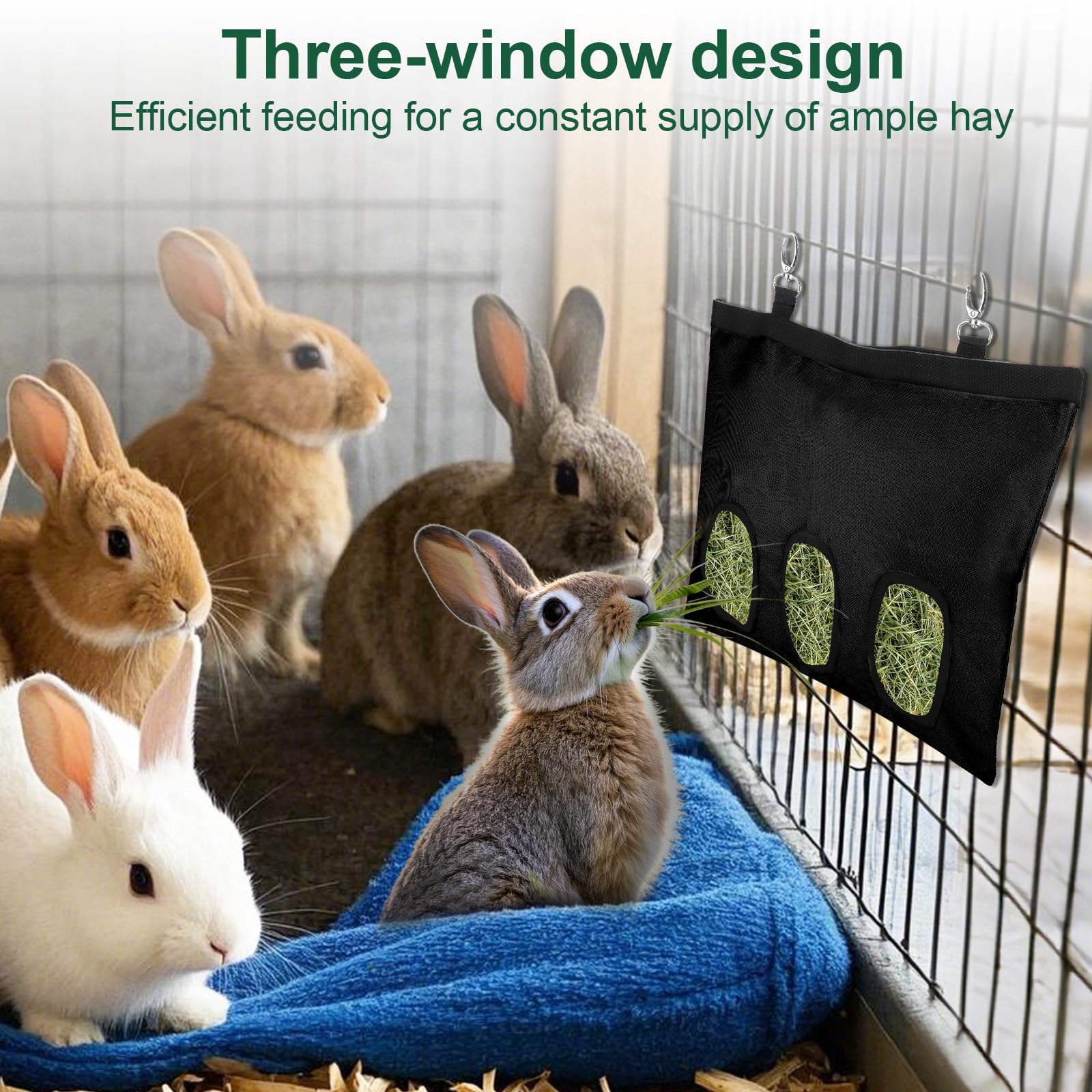 2 Pcs Rabbit Hay Feeder,Guinea Pig Hay Feeder,13×10.8 Inch Guinea Pig Bag,Small Animal Feeding Bag for Rabbits, Hamsters, Hedgehogs (3 Holes,Black) - image 3