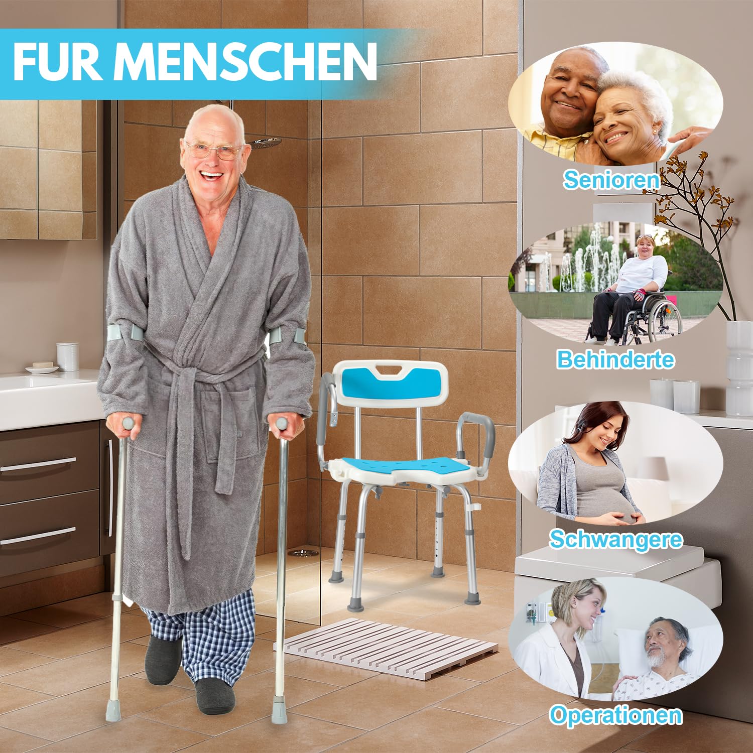 Randaco Taburete de Ducha con reposabrazos y Respaldo Desmontables,Silla Ducha Mayoresaltura Regulable, Aguanta 136kg,Silla Baño Ancianos Ducha Antideslizante